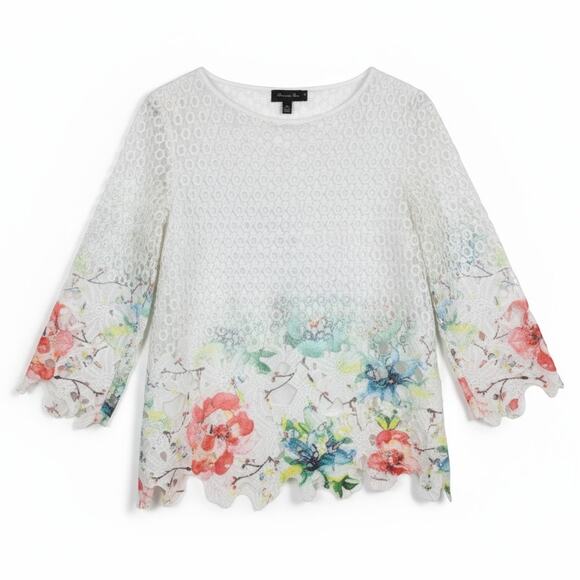 DAMEE INC. White, Pink, Green Crochet Floral Boatneck Layered Tunic - Size S - Picture 2 of 6